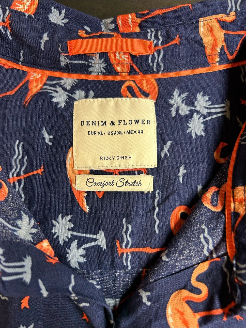 Denim & Flower Navy Button-Down Shirt with Orange Flamingo Print - Picture 7 of 8